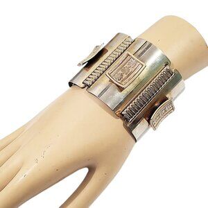 1960s Vintage Large Extra Wide Gold Tone Panel Bracelet With Raised Designs